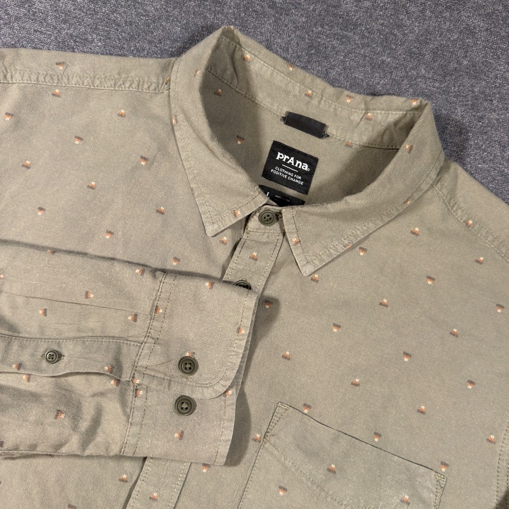 Prana Button Down Shirt Mens Large Green Slim Fit Geometric Pattern Long Sleeve